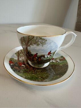 Vintage British Exchange Collection Bone China Teacup & Saucer w/ Fox Hunt Scene